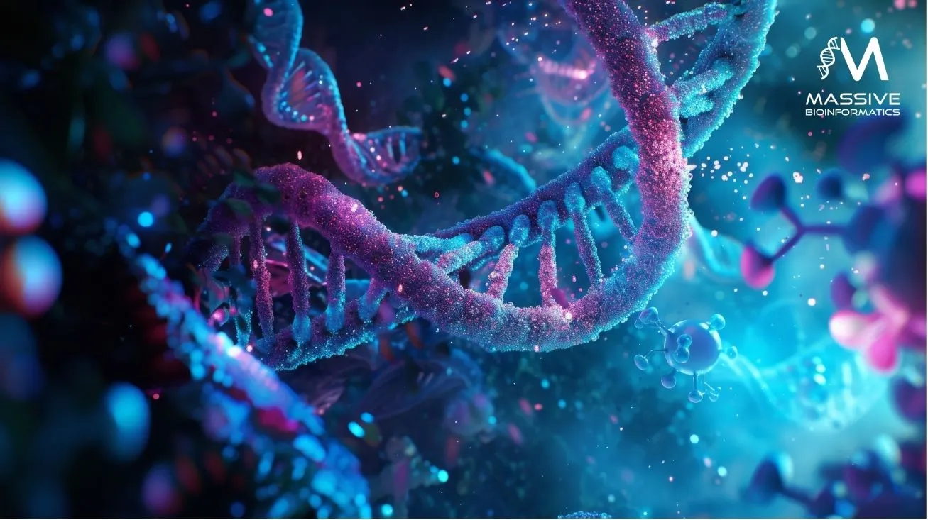 Stylised 3D illustration of a DNA double helix with the Massive Bioinformatics logo